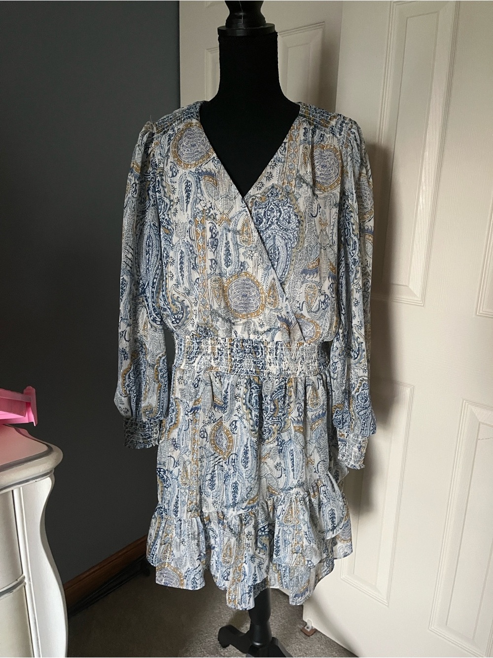 Vince Camuto Blue and Cream Paisley Wrap Dress
